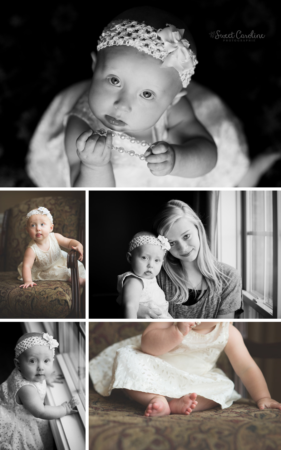 baby girl with pearls in white dress