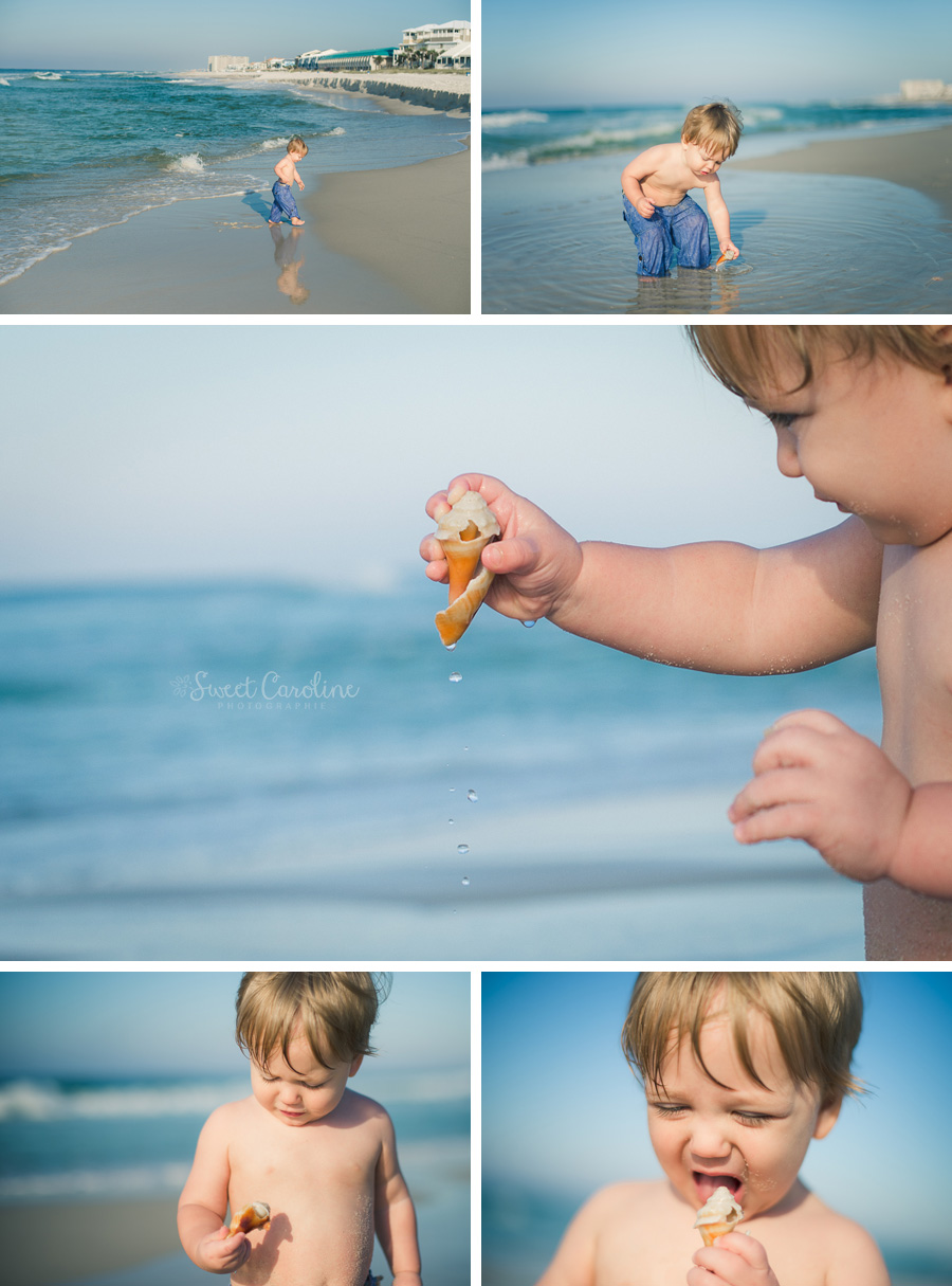 baby boy on beach with shells