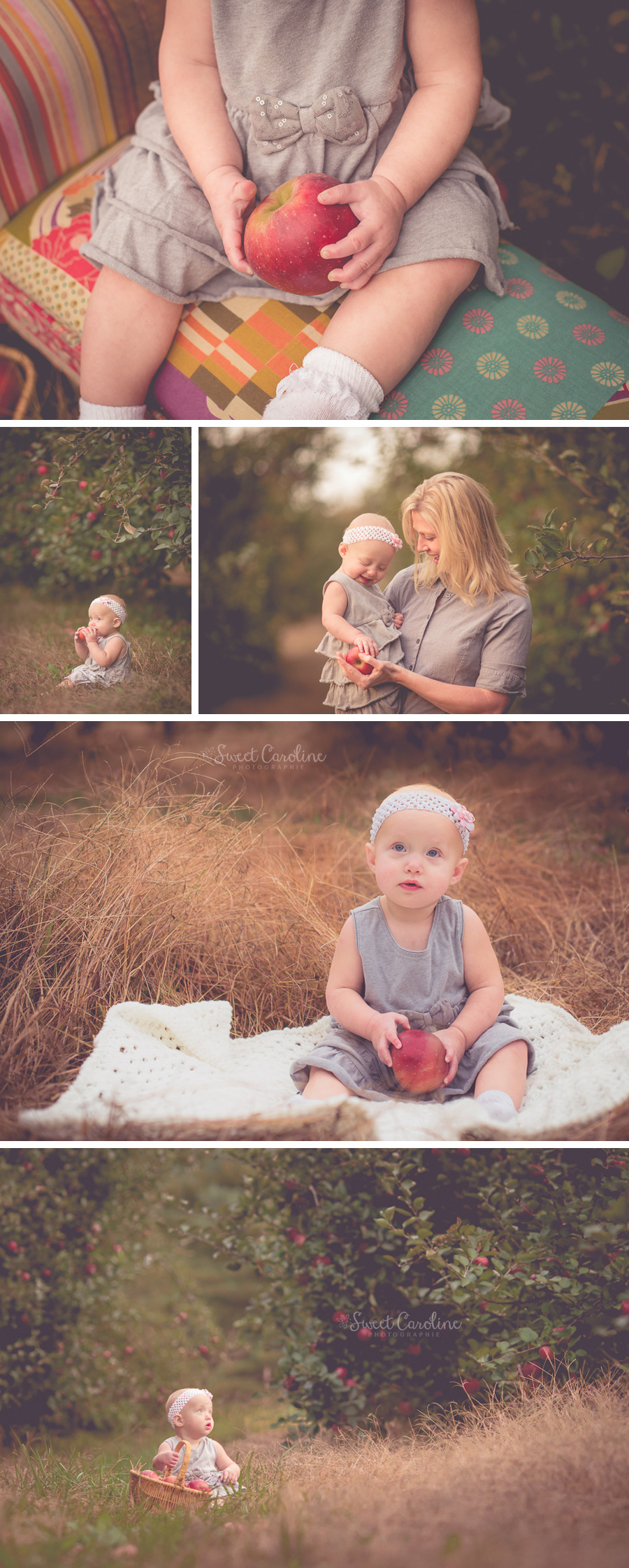 one year old baby girl holding apples at orchard