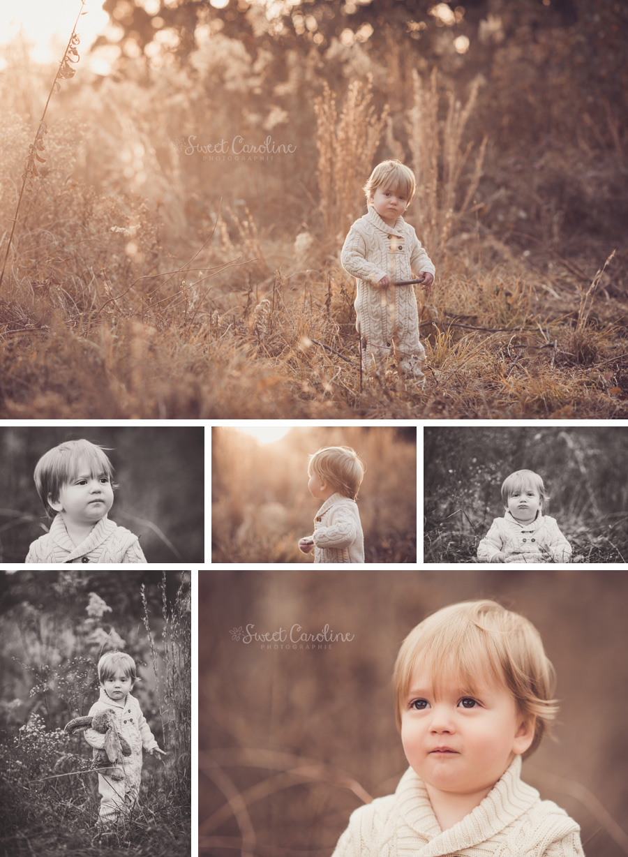 18 month old baby boy in natural organic fall field