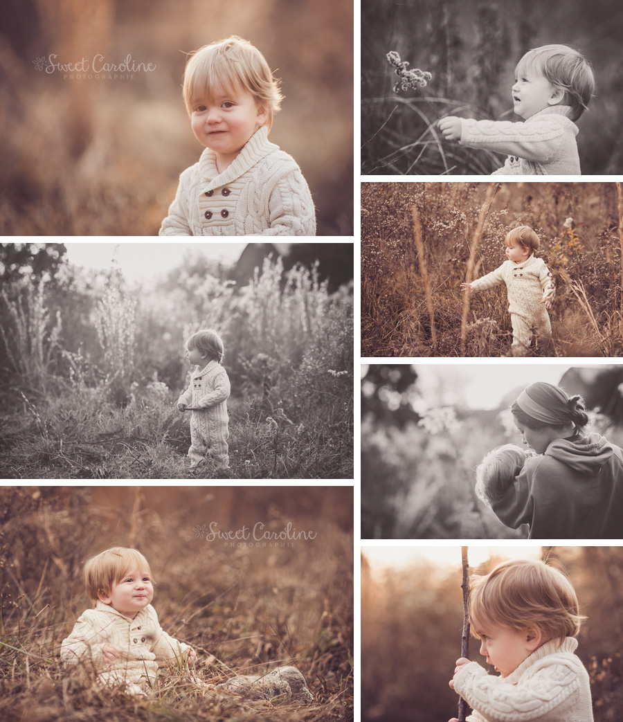 18 month old baby boy in luminous tall weeds at sunset