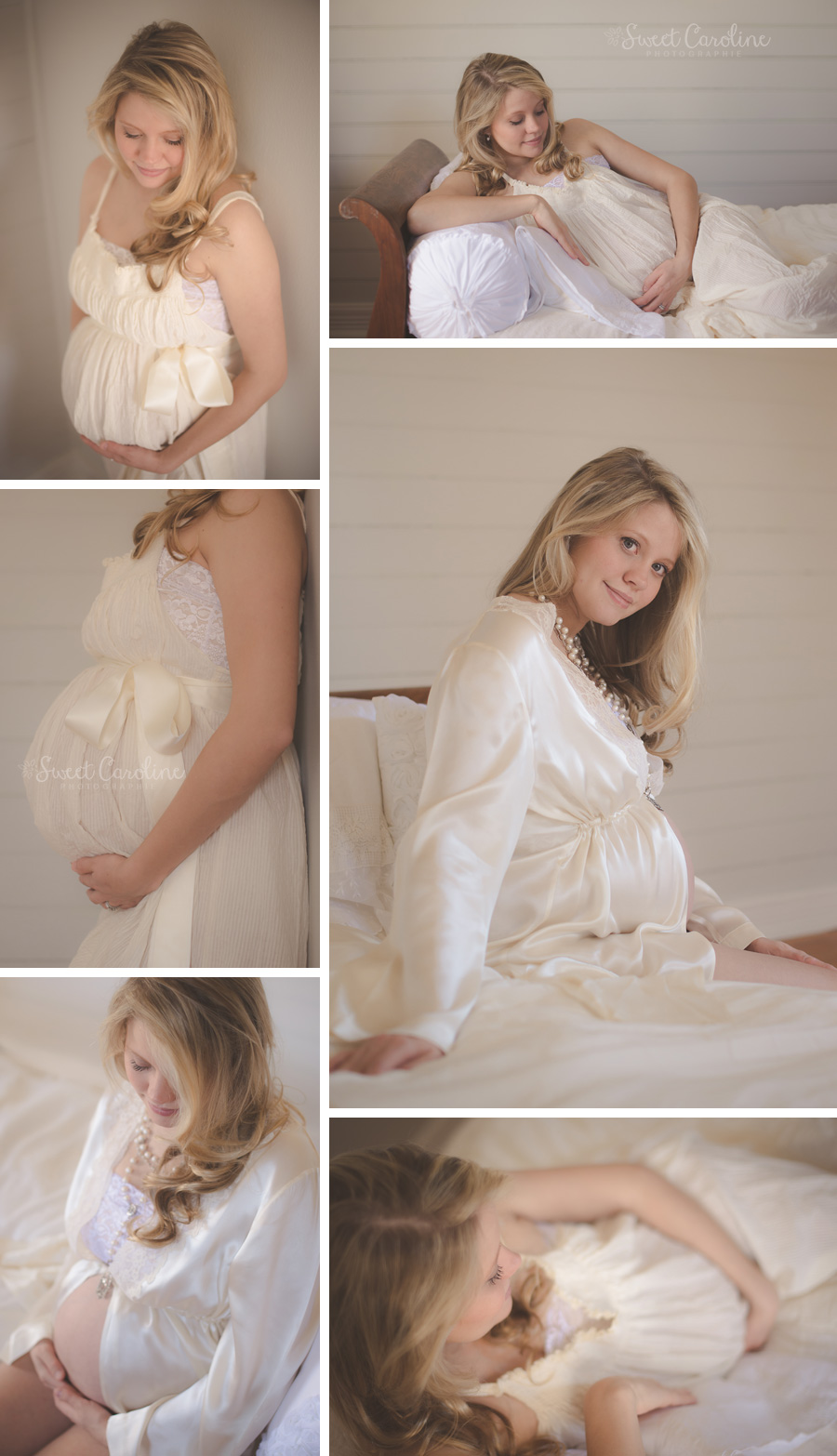 maternity mama white dress and robe on bed