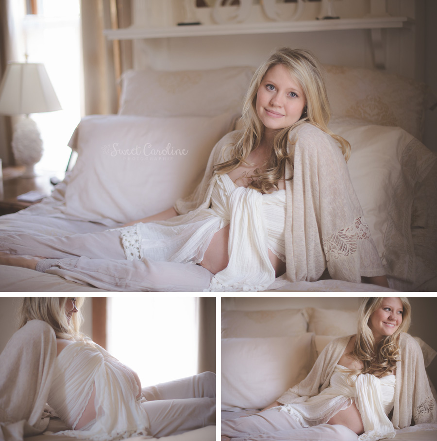 maternity pregnant mama in neutral clothes on bed