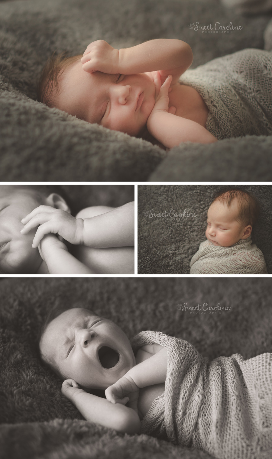 newborn boy in home session organic gray wrap