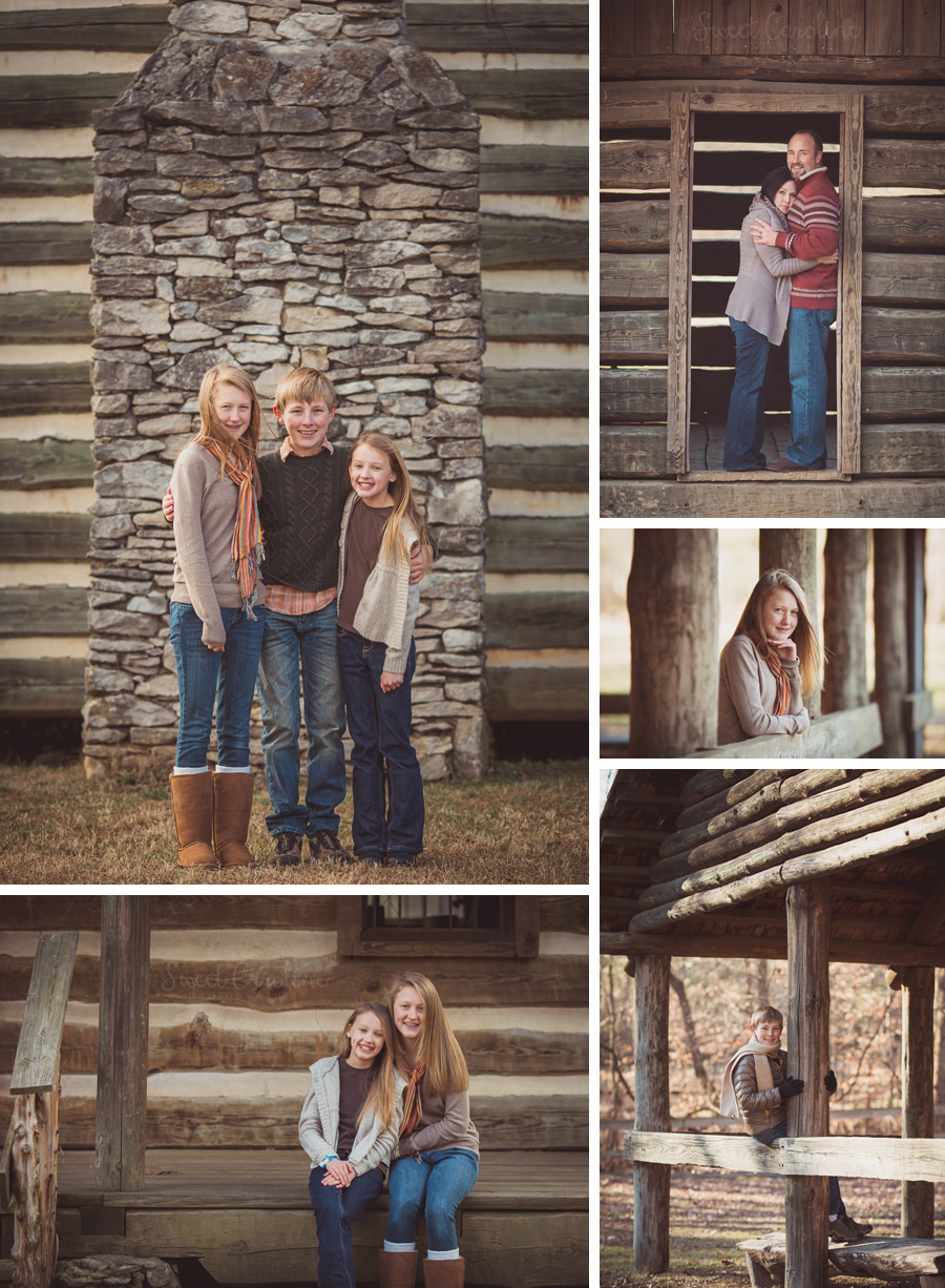 siblings at a log cabin in fall red clay state park