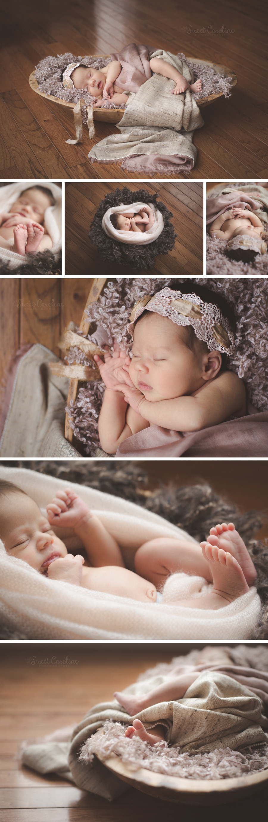 newborn girl in organic natural basket and wooden bowl