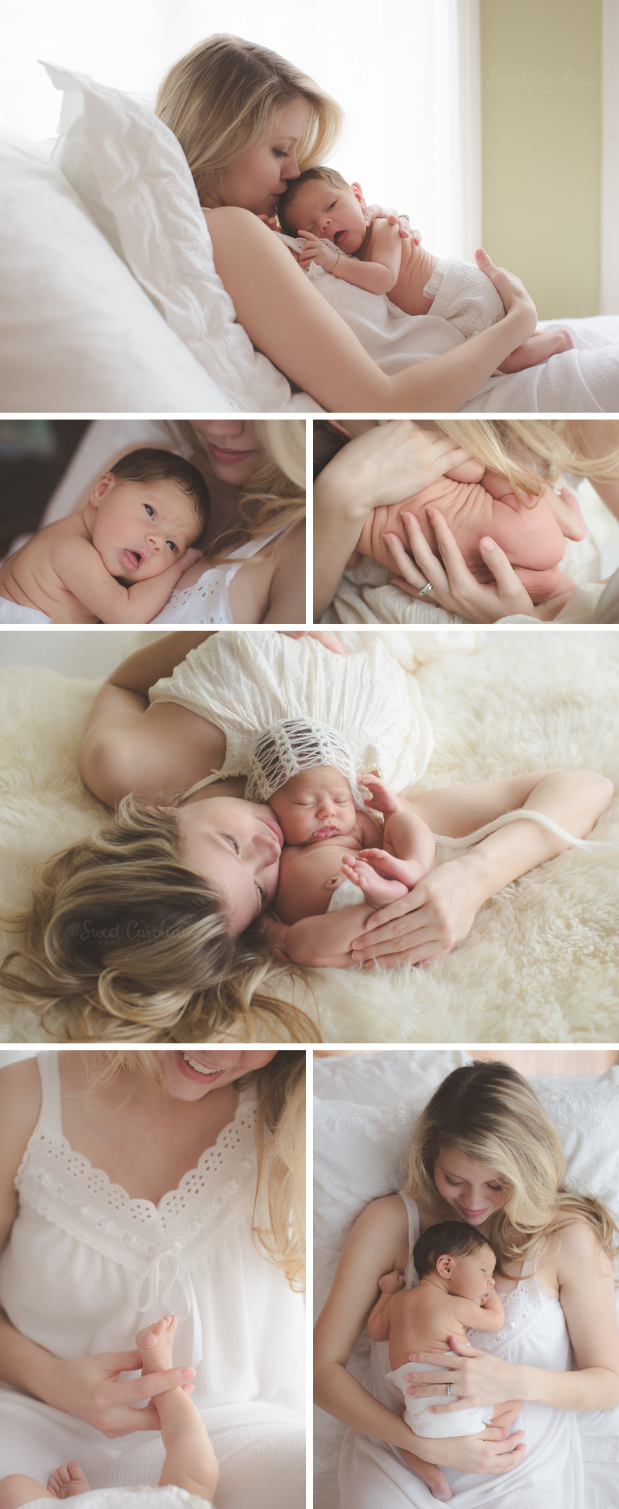 newborn girl with mama on natural neutral indoor bed