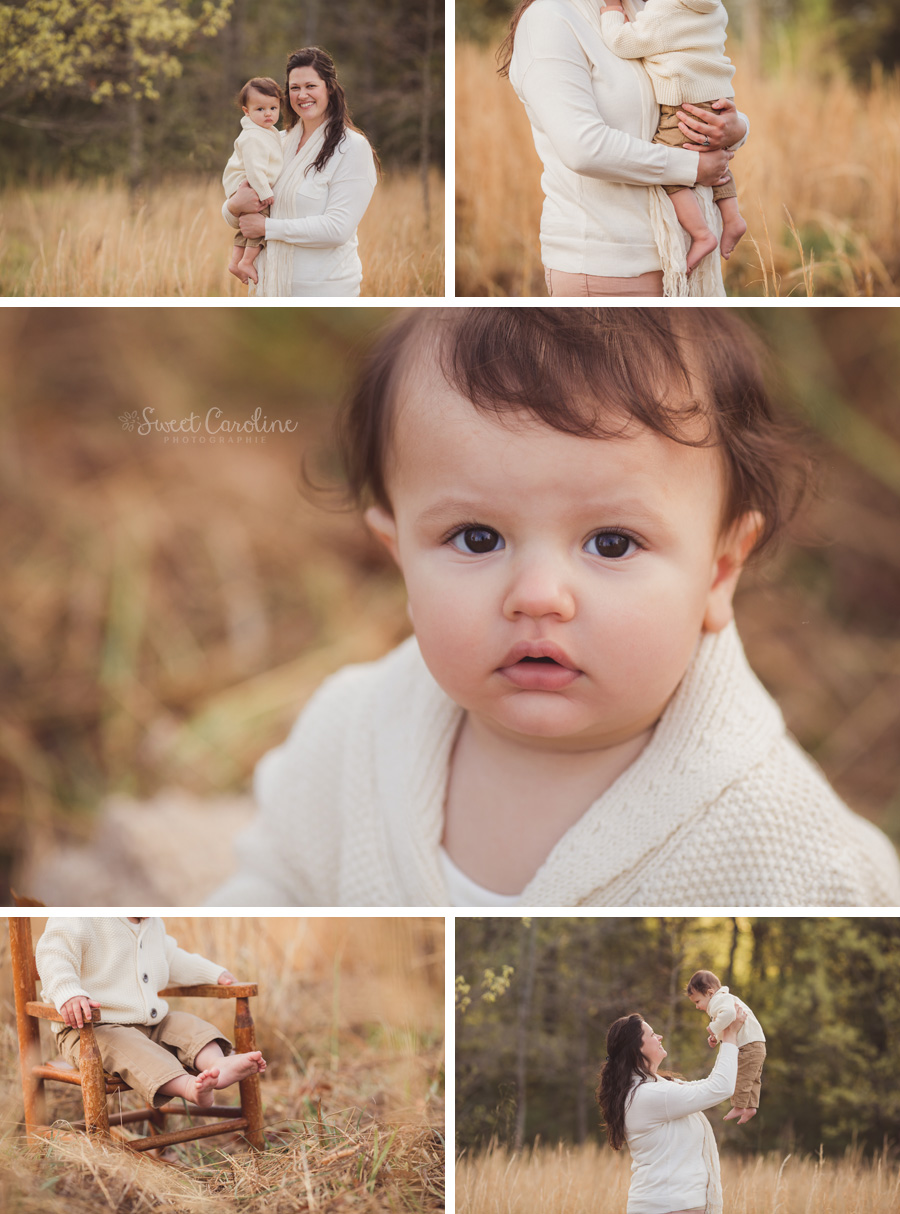 mama and baby boy in organic outdoor field