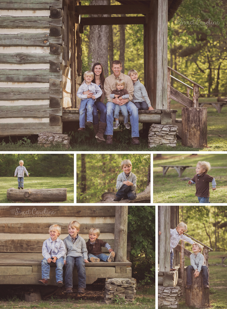 family with small boys log cabin