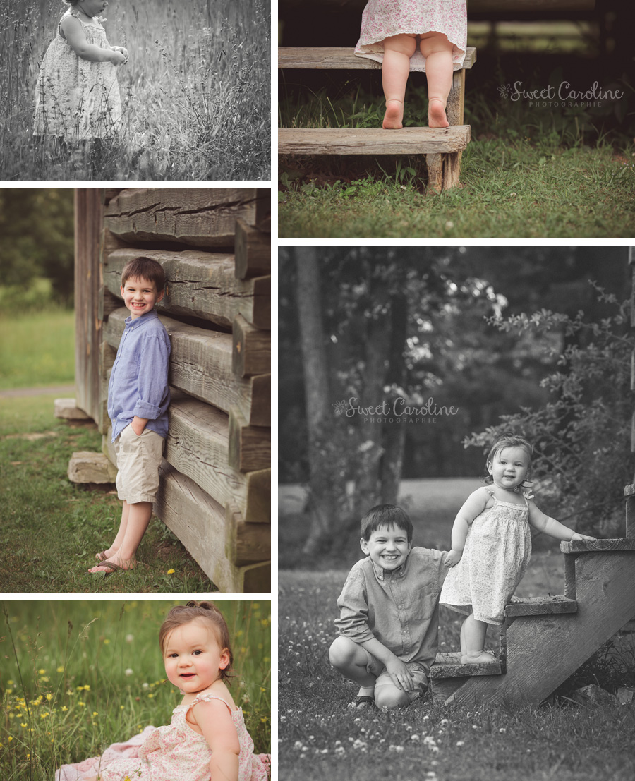 one year old baby girl and big brother outdoor log cabin