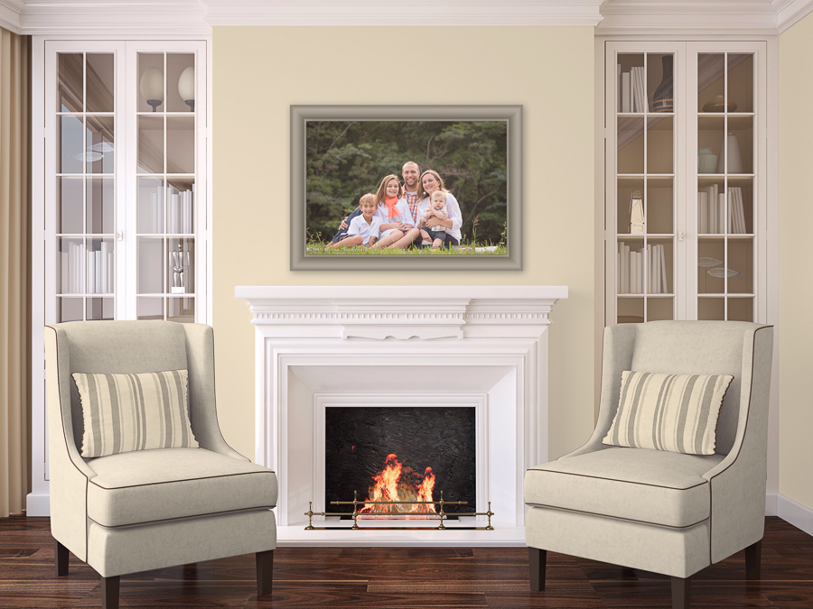 family portrait above fireplace