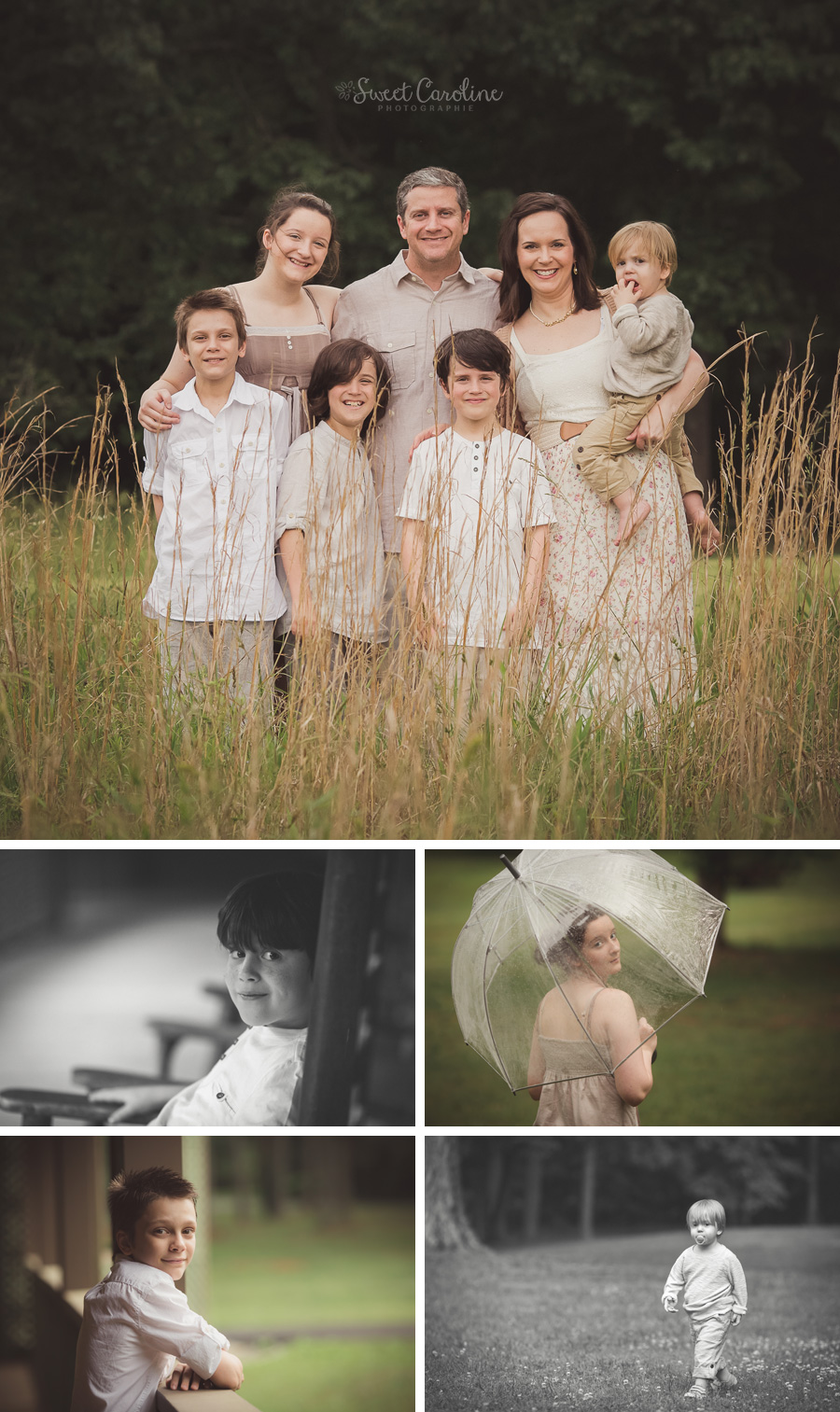 family in tall grass