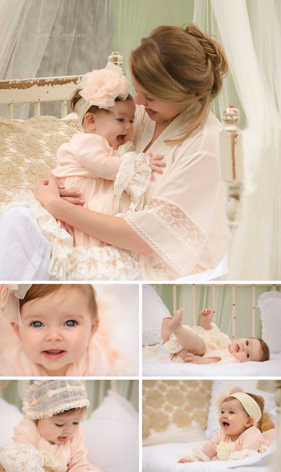 six month baby girl in pink with mama